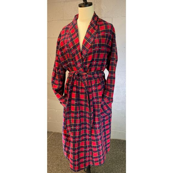 Vintage 1960s Plaid Cotton Flannel Robe XL Red Blue - Picture 4 of 11